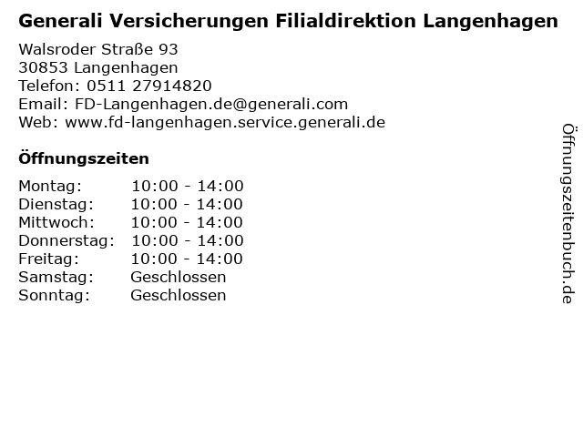 Generali Versicherungen Filialdirektion Langenhagen in Langenhagen: Adresse und Öffnungszeiten