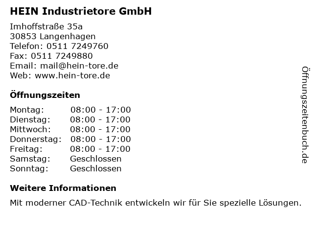 HEIN Industrietore GmbH in Langenhagen: Adresse und Öffnungszeiten