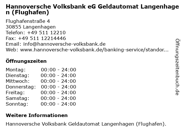 Hannoversche Volksbank eG (Geldautomat) in Langenhagen: Adresse und Öffnungszeiten