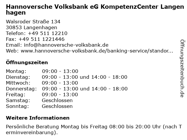 Hannoversche Volksbank eG KompetenzCenter Langenhagen in Langenhagen: Adresse und Öffnungszeiten