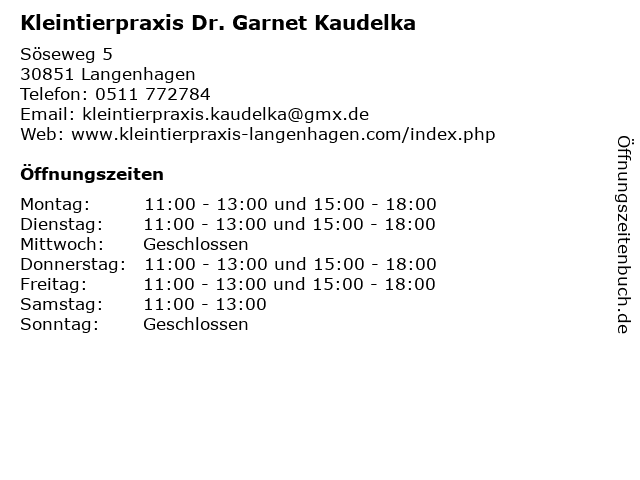 Kleintierpraxis Dr. Garnet Kaudelka in Langenhagen: Adresse und Öffnungszeiten