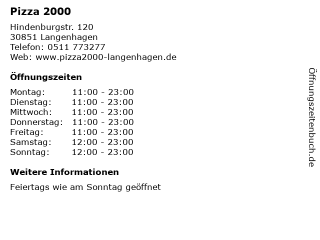 Pizza 2000 in Langenhagen: Adresse und Öffnungszeiten