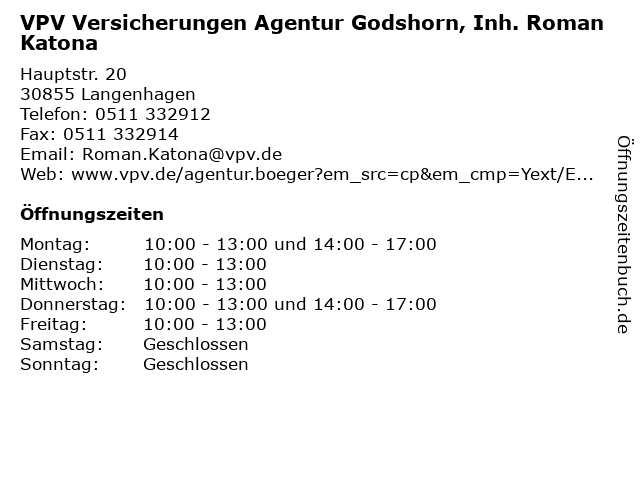 VPV Versicherungen Agentur Godshorn, Inh. Roman Katona in Langenhagen: Adresse und Öffnungszeiten