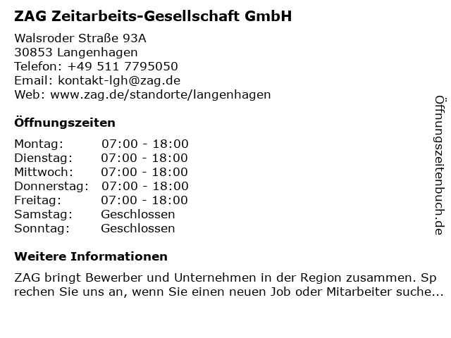 ZAG Zeitarbeits-Gesellschaft GmbH in Langenhagen: Adresse und Öffnungszeiten