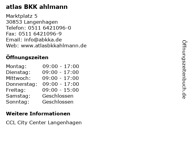 atlas BKK ahlmann in Langenhagen: Adresse und Öffnungszeiten