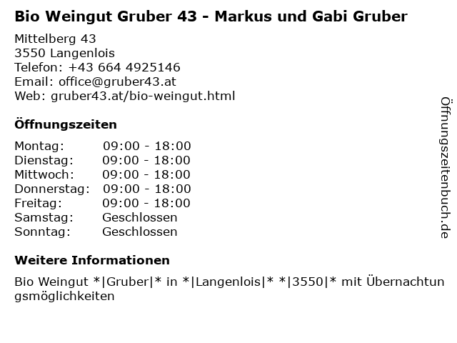 Bio Weingut Gruber 43 - Markus und Gabi Gruber in Langenlois: Adresse und Öffnungszeiten