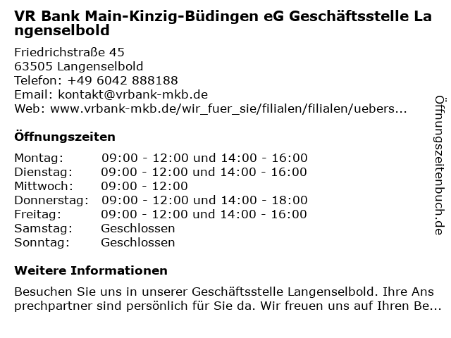 ᐅ Offnungszeiten Vr Bank Main Kinzig Budingen Eg