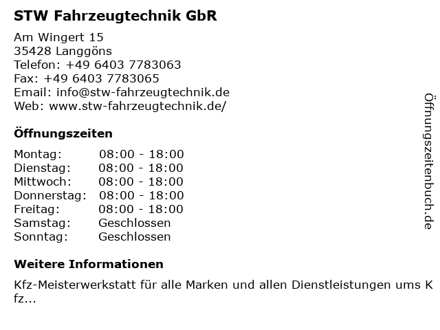 STW Fahrzeugtechnik GbR in Langgöns: Adresse und Öffnungszeiten