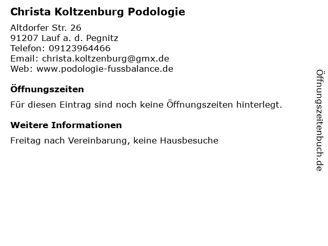 Christa Koltzenburg Podologie in Lauf a. d. Pegnitz: Adresse und Öffnungszeiten