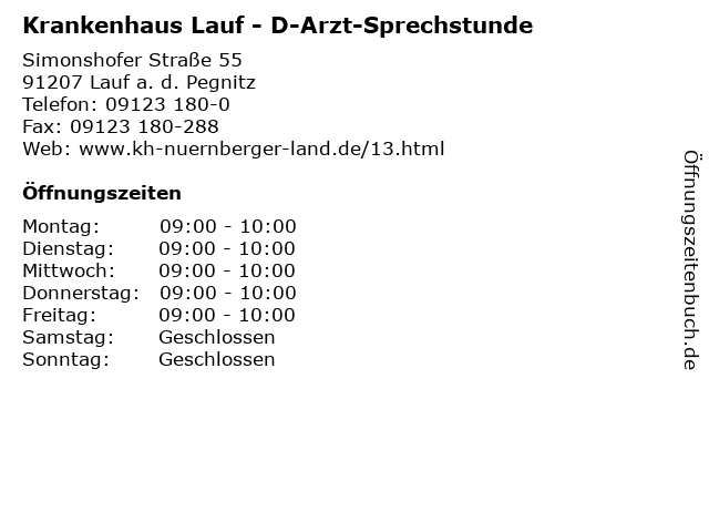 Krankenhaus Lauf - D-Arzt-Sprechstunde in Lauf a. d. Pegnitz: Adresse und Öffnungszeiten