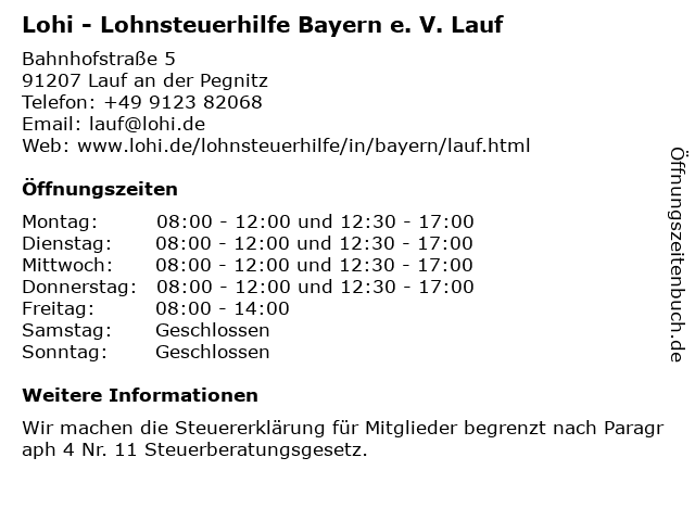 Lohi - Lohnsteuerhilfe Bayern e. V. Lauf in Lauf an der Pegnitz: Adresse und Öffnungszeiten