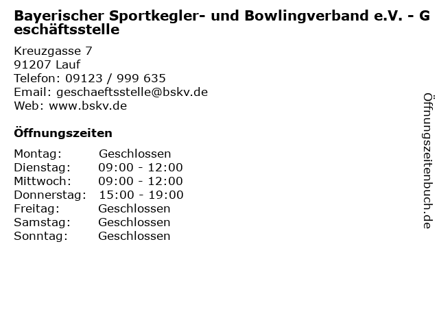 Bayerischer Sportkegler- und Bowlingverband e.V. - Geschäftsstelle in Lauf: Adresse und Öffnungszeiten
