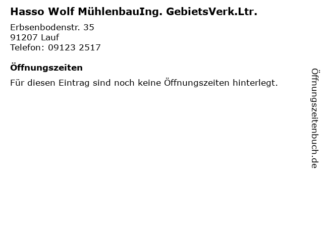 Hasso Wolf MühlenbauIng. GebietsVerk.Ltr. in Lauf: Adresse und Öffnungszeiten