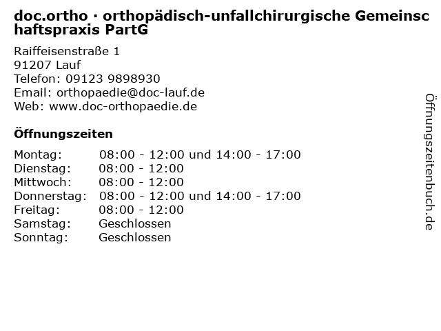 doc.ortho · orthopädisch-unfallchirurgische Gemeinschaftspraxis PartG in Lauf: Adresse und Öffnungszeiten
