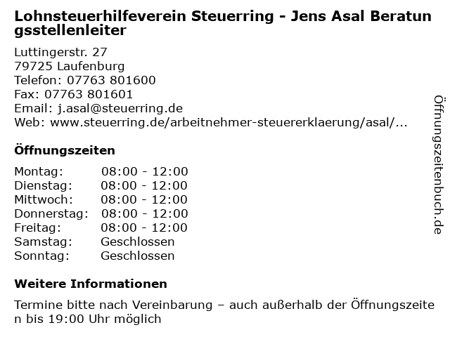 Lohnsteuerhilfeverein Steuerring - Jens Asal Beratungsstellenleiter in Laufenburg: Adresse und Öffnungszeiten