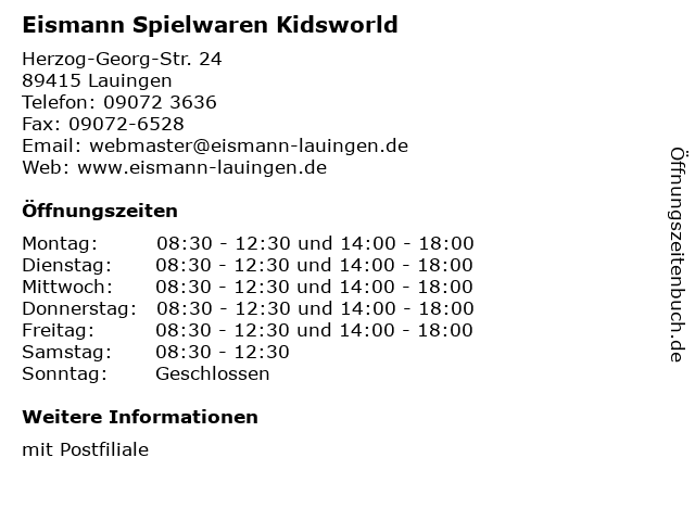 Eismann Spielwaren Kidsworld in Lauingen: Adresse und Öffnungszeiten