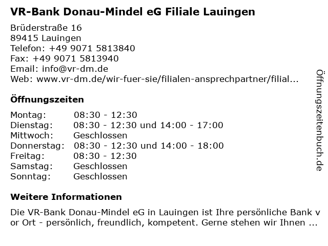 VR-Bank Donau-Mindel eG Filiale Lauingen in Lauingen: Adresse und Öffnungszeiten