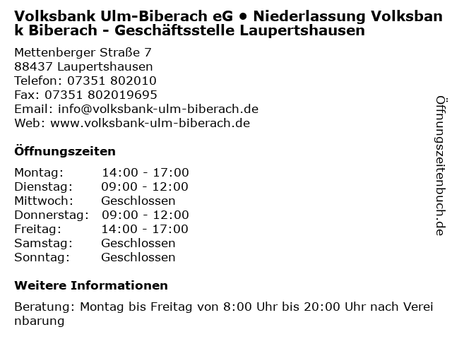 ᐅ Offnungszeiten Volksbank Ulm Biberach Eg Niederlassung