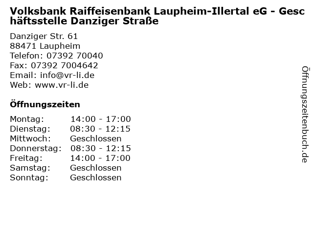 Volksbank Raiffeisenbank Laupheim-Illertal eG - Geschäftsstelle Danziger Straße in Laupheim: Adresse und Öffnungszeiten