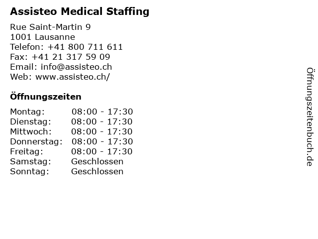 Assisteo Medical Staffing in Lausanne: Adresse und Öffnungszeiten