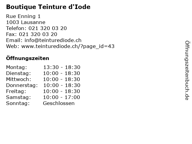 Boutique Teinture d'Iode in Lausanne: Adresse und Öffnungszeiten