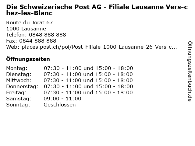 Die Schweizerische Post AG - Filiale Lausanne Vers-chez-les-Blanc in Lausanne: Adresse und Öffnungszeiten