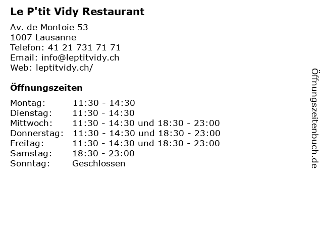 Le P'tit Vidy Restaurant in Lausanne: Adresse und Öffnungszeiten