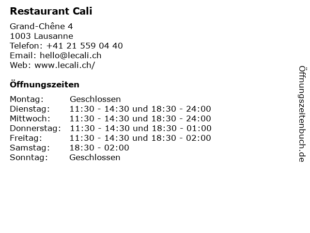 Restaurant Cali in Lausanne: Adresse und Öffnungszeiten