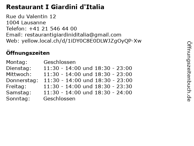 Restaurant I Giardini d'Italia in Lausanne: Adresse und Öffnungszeiten