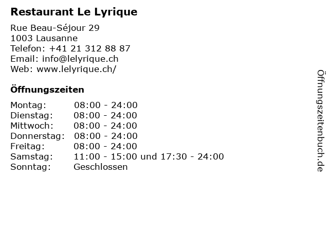 Restaurant Le Lyrique in Lausanne: Adresse und Öffnungszeiten