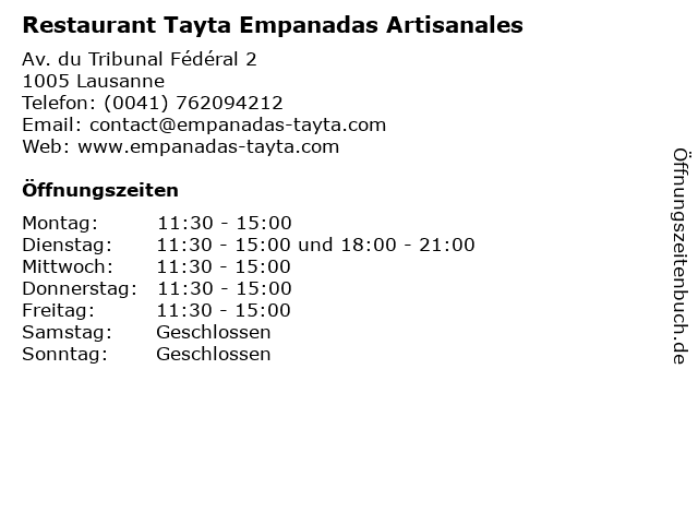 Restaurant Tayta Empanadas Artisanales in Lausanne: Adresse und Öffnungszeiten