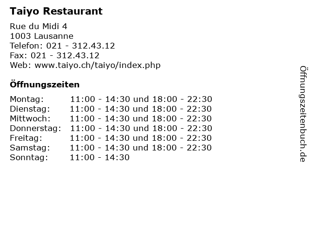Taiyo Restaurant in Lausanne: Adresse und Öffnungszeiten