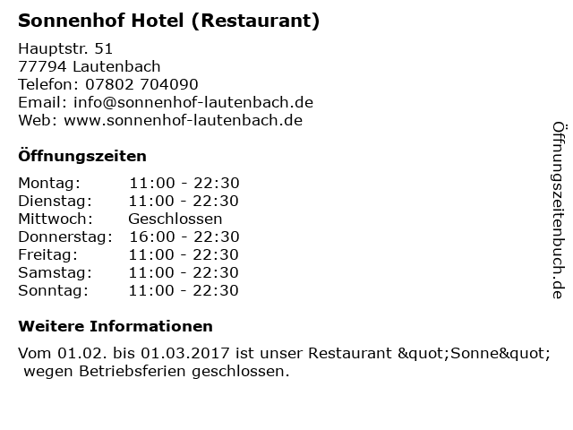 Sonnenhof Hotel (Restaurant) in Lautenbach: Adresse und Öffnungszeiten