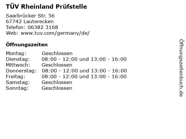 TÜV Rheinland Prüfstelle in Lauterecken: Adresse und Öffnungszeiten