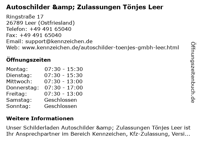 Autoschilder & Zulassungen Tönjes Leer in Leer (Ostfriesland): Adresse und Öffnungszeiten