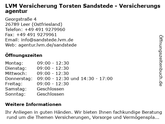 LVM Versicherung Torsten Sandstede - Versicherungsagentur in Leer (Ostfriesland): Adresse und Öffnungszeiten