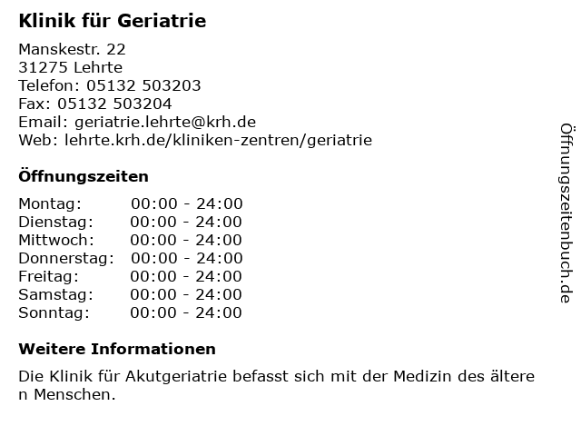 Klinik für Geriatrie in Lehrte: Adresse und Öffnungszeiten