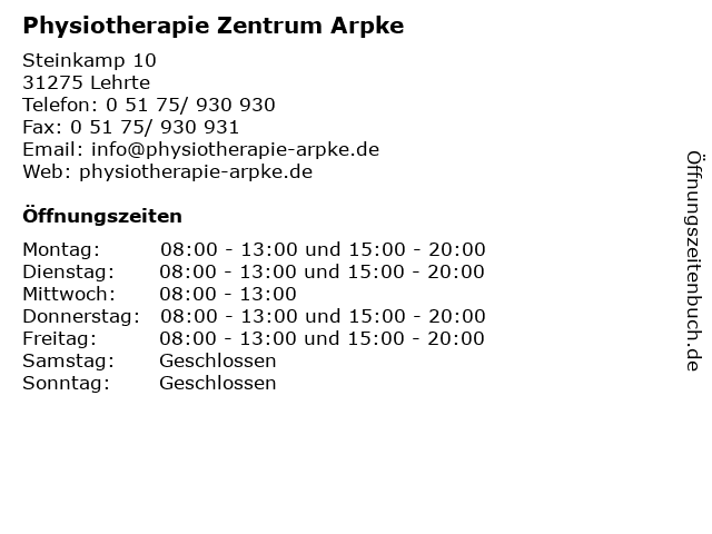 Physiotherapie Zentrum Arpke in Lehrte: Adresse und Öffnungszeiten