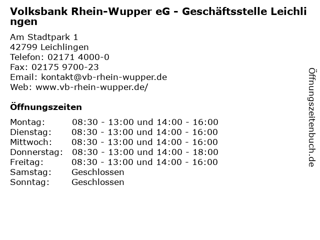 Volksbank Rhein-Wupper eG - Geschäftsstelle Leichlingen in Leichlingen: Adresse und Öffnungszeiten