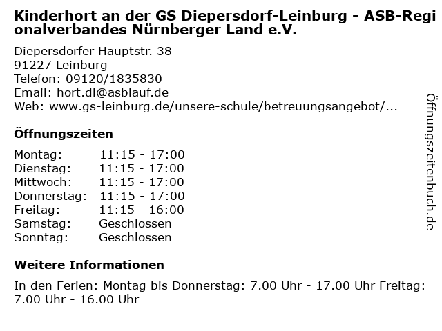 Kinderhort an der GS Diepersdorf-Leinburg - ASB-Regionalverbandes Nürnberger Land e.V. in Leinburg: Adresse und Öffnungszeiten