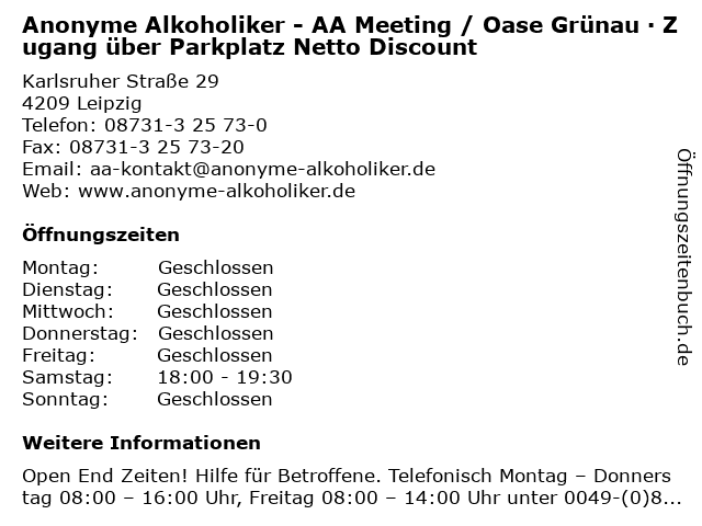 Anonyme Alkoholiker - AA Meeting / Oase Grünau · Zugang über Parkplatz Netto Discount in Leipzig: Adresse und Öffnungszeiten
