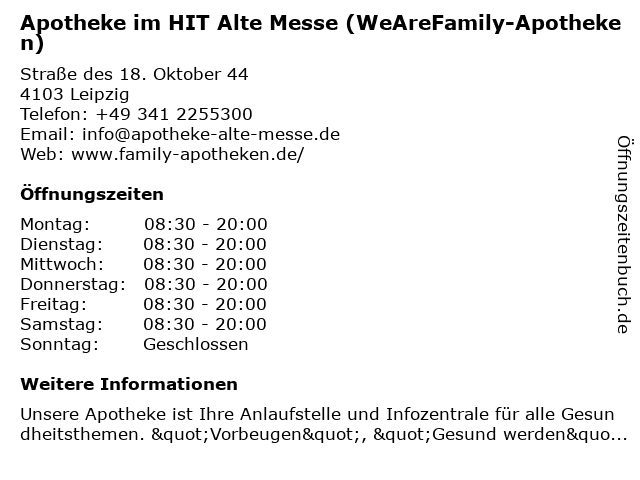 Apotheke im HIT Alte Messe (WeAreFamily-Apotheken) in Leipzig: Adresse und Öffnungszeiten