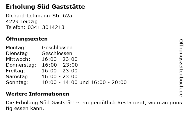Erholung Süd Gaststätte in Leipzig: Adresse und Öffnungszeiten