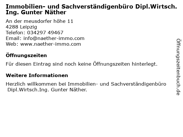 ᐅ Offnungszeiten Gunter Nather Immobilien Und Sachverstandigenburo An Der Meusdorfer Hohe 11 In Leipzig