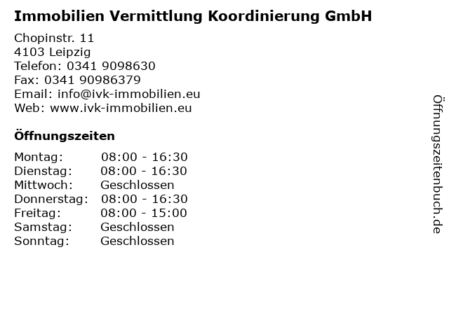 Immobilien Vermittlung Koordinierung GmbH in Leipzig: Adresse und Öffnungszeiten