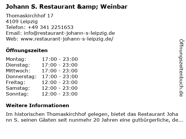 Johann S. Restaurant & Kneipe in Leipzig: Adresse und Öffnungszeiten