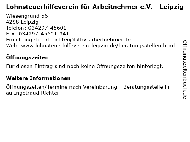 Lohnsteuerhilfeverein für Arbeitnehmer e.V. - Leipzig in Leipzig: Adresse und Öffnungszeiten