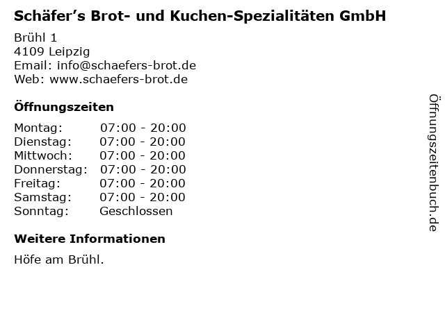 Schäfer’s Brot- und Kuchen-Spezialitäten GmbH in Leipzig: Adresse und Öffnungszeiten