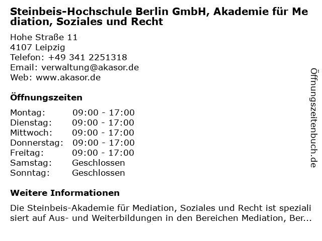 Steinbeis-Hochschule Berlin GmbH, Akademie für Mediation, Soziales und Recht in Leipzig: Adresse und Öffnungszeiten