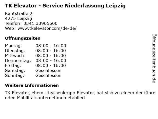 TK Elevator - Service Niederlassung Leipzig & Neuanlagen Region Nordost in Leipzig: Adresse und Öffnungszeiten